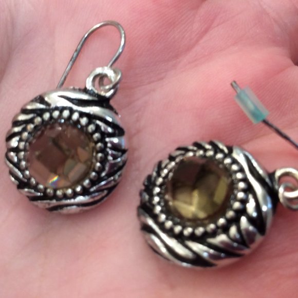 Vintage Silver Drop Earrings with Green Amber Looking Stone - Picture 1 of 15